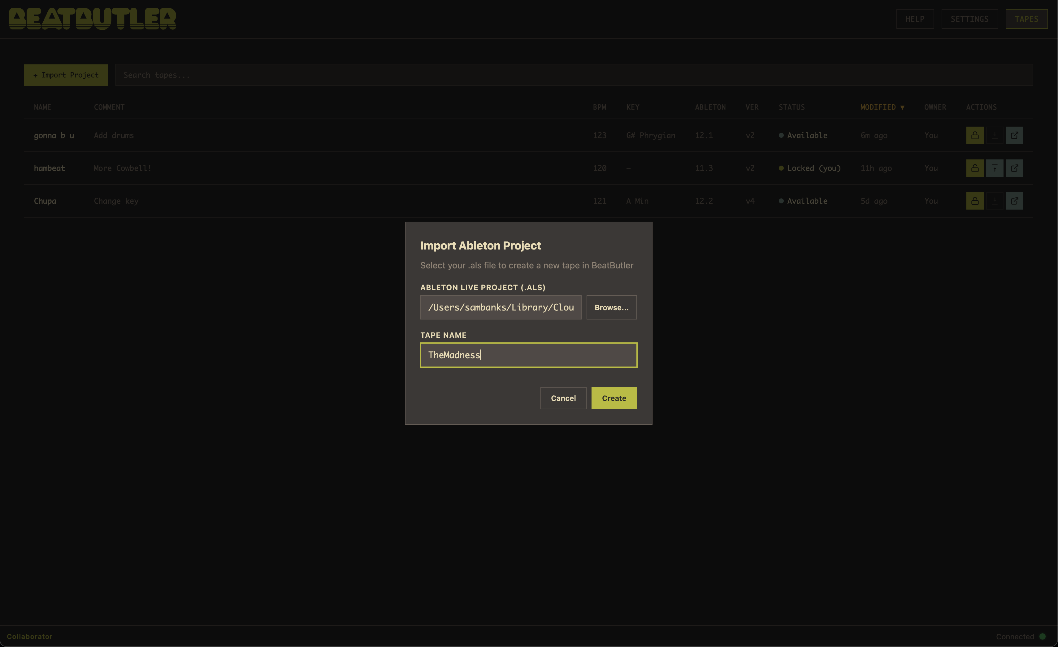Importing an Ableton Live project into BeatButler