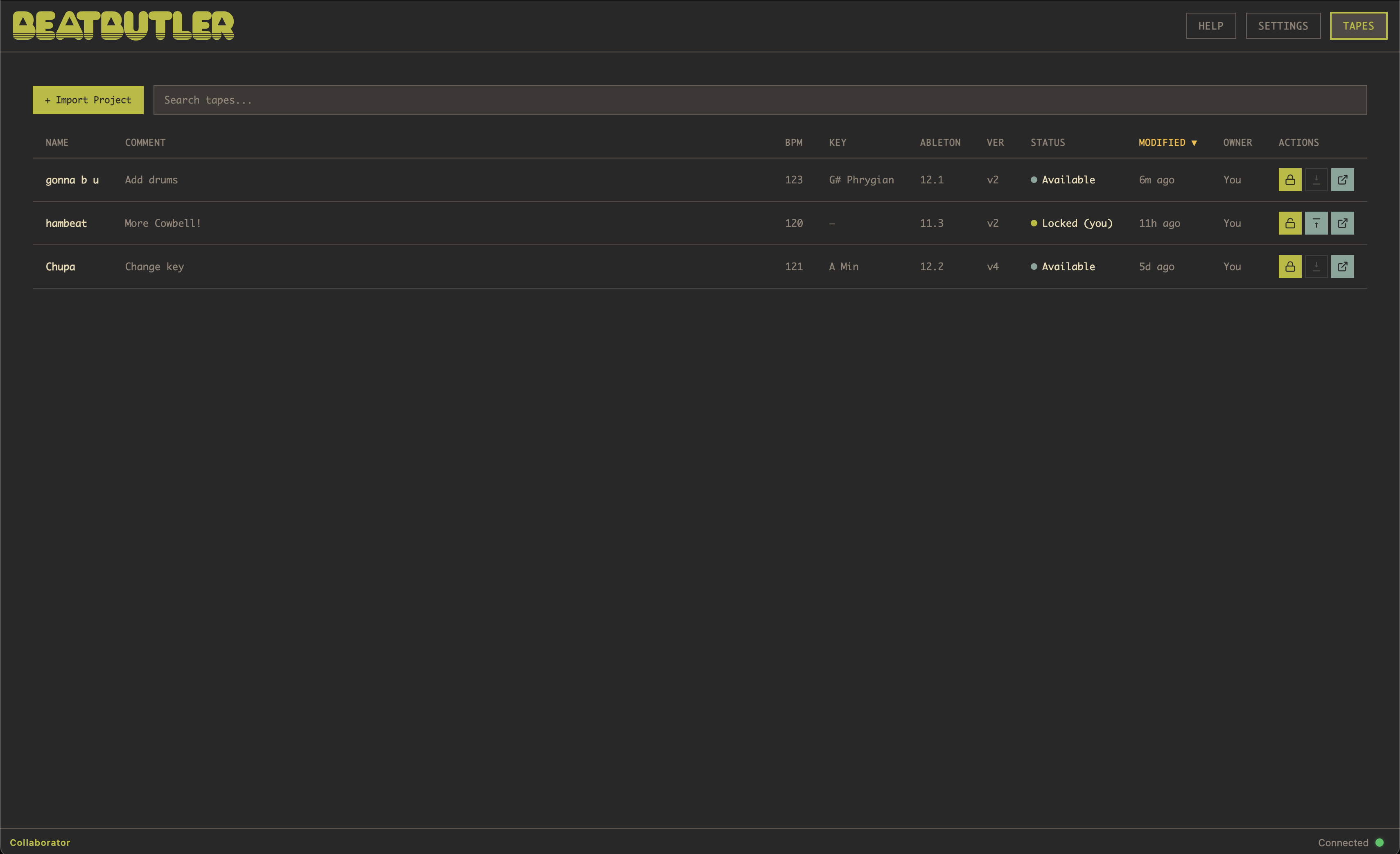 BeatButler project browser showing tapes with their status, version, and collaborators