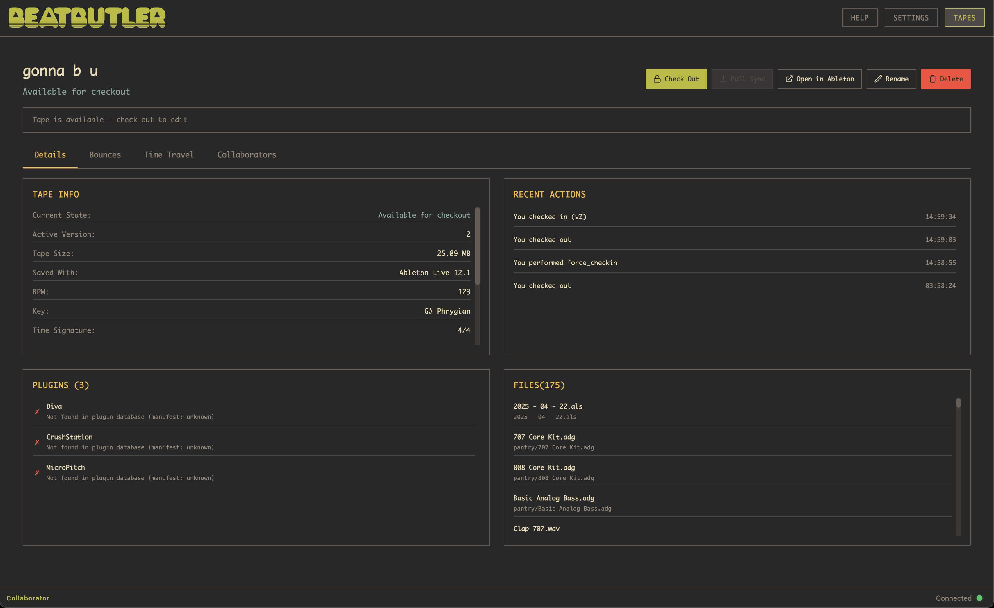 Tape detail view showing status, version, and action buttons
